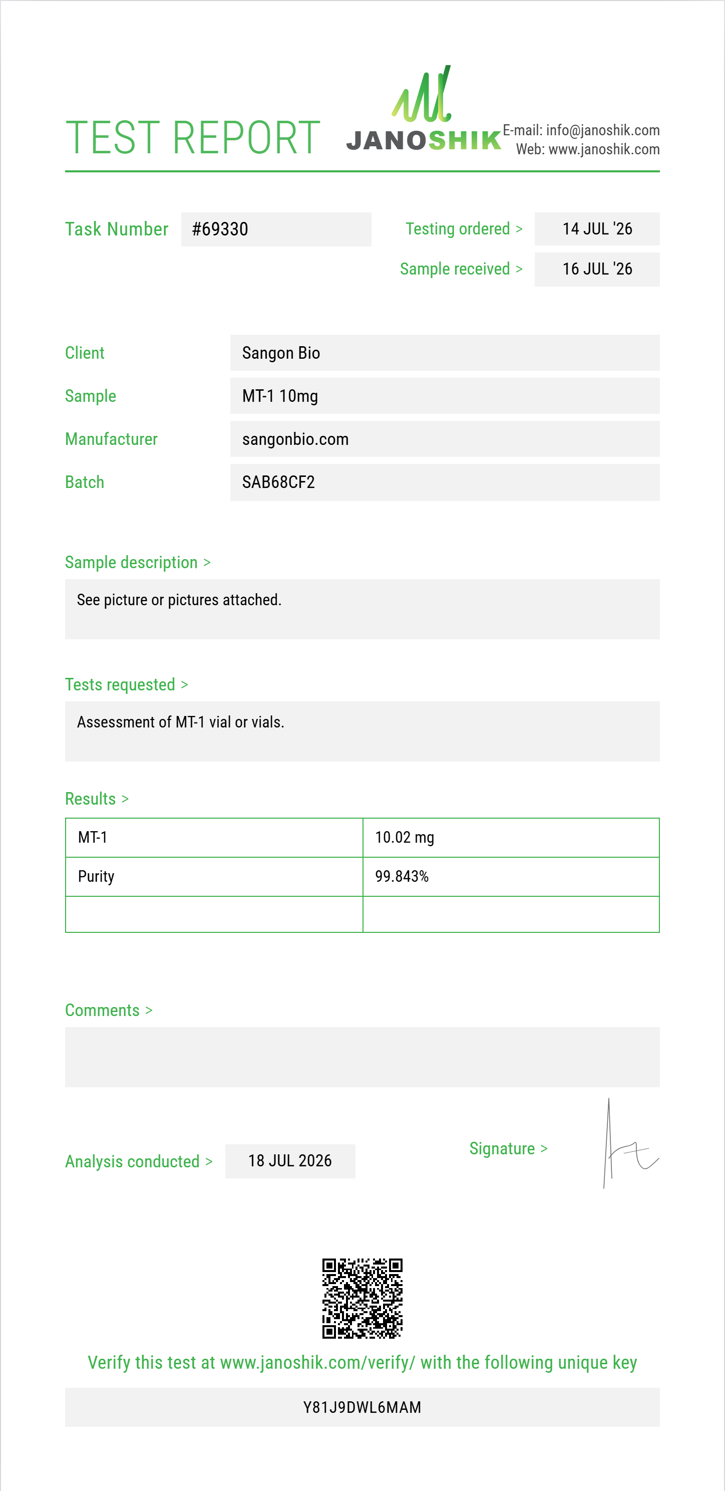 MT-1 Purity (HPLC) report by Janoshik Analytical