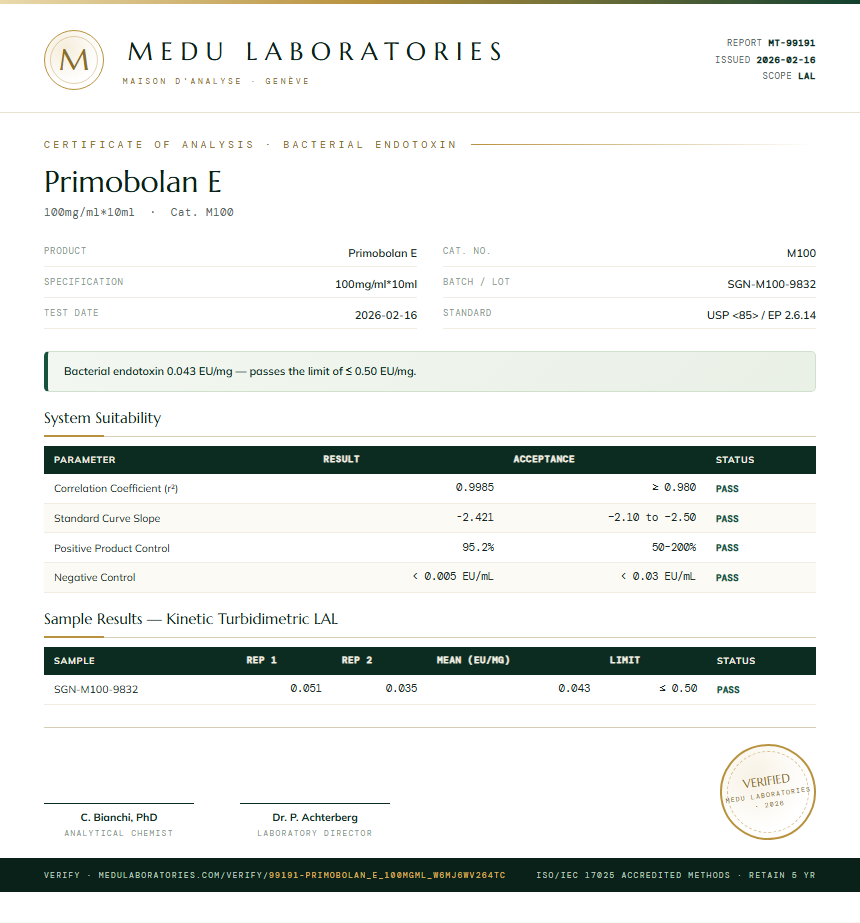 Primobolan E Endotoxin report by Medutest